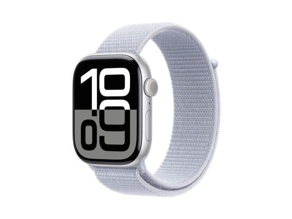 Apple Watch Series 10 (GPS + Cellular) - 46 mm - sølvaluminium - smartklokke med sportssløyfe - myk dobbeltlagsnylon - blå sky - håndleddstørrelse:...