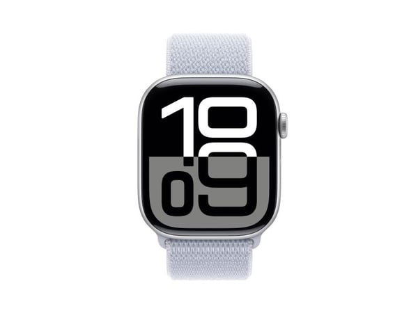 Apple Watch Series 10 (GPS + Cellular) - 46 mm - sølvaluminium - smartklokke med sportssløyfe - myk dobbeltlagsnylon - blå sky - håndleddstørrelse:...