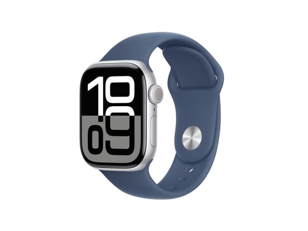 Apple Watch Series 10 (GPS) - 42 mm - sølvaluminium - smartklokke med sportsbånd - fluorelastomer - denim - båndbredde: M/L - 64 GB - Wi-Fi 4, UWB,...