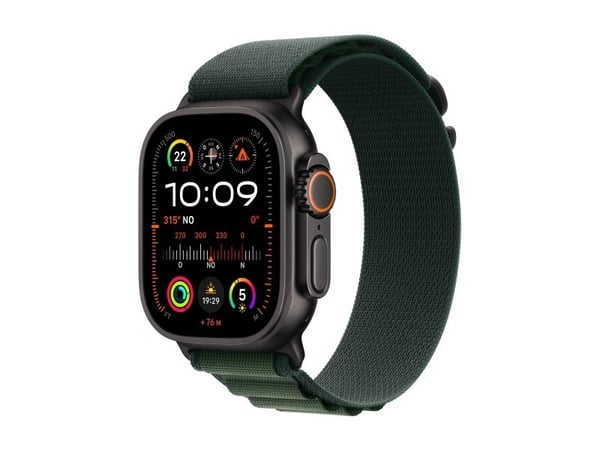 Apple Watch Ultra 2 - 49 mm - svart titan - smartklokke med Alpine Loop - tekstil - mørkegrønn - båndbredde: L - 64 GB - LTE, Wi-Fi 4, UWB, Bluetoo...