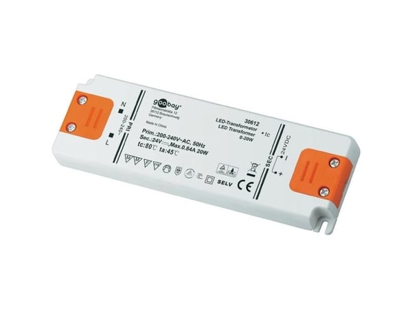 Goobay 30612, Elektroninen valaistusmuuntaja, Oranssi, Valkoinen, IP10, -20 - 45 °C, CE, RoHS Directive 2011/65/EU [OJEU L174/88-110, 01.07.2011, 20 W