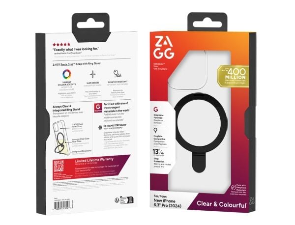 Zagg Santa Cruz Snap - Baksidedeksel for mobiltelefon - med ringstativ - MagSafe-samsvar - grafen - svart, gjennomsiktig - for Apple iPhone 16 Pro