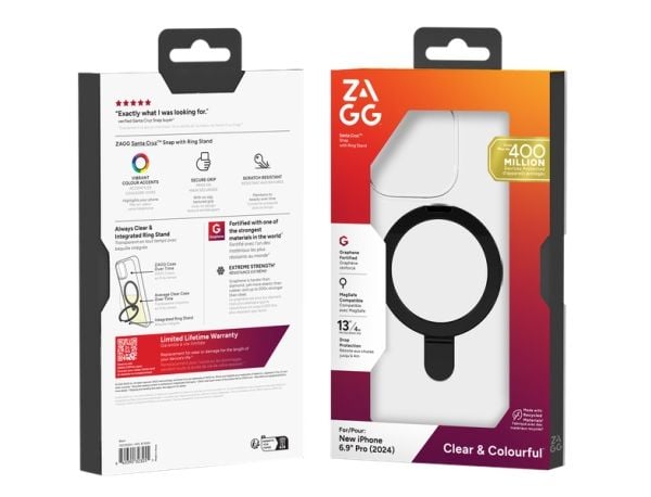 Zagg Santa Cruz Snap - Baksidedeksel for mobiltelefon - med ringstativ - MagSafe-samsvar - grafen - svart, gjennomsiktig - for Apple iPhone 16 Pro Max