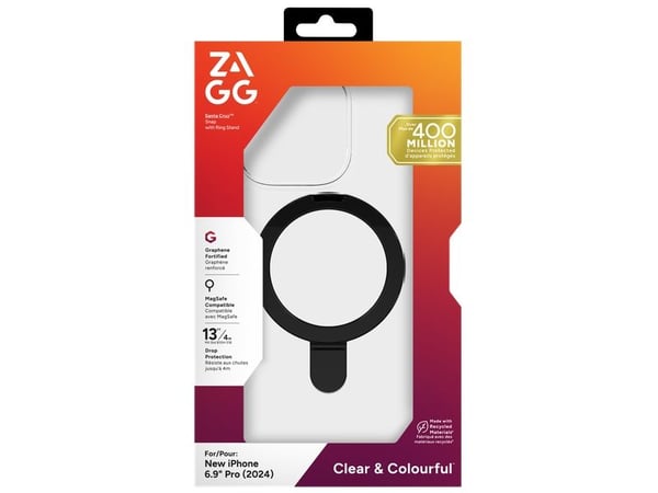 Zagg Santa Cruz Snap - Baksidedeksel for mobiltelefon - med ringstativ - MagSafe-samsvar - grafen - svart, gjennomsiktig - for Apple iPhone 16 Pro Max
