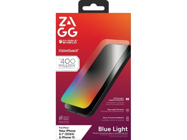 InvisibleShield Glass Elite VisionGuard, Apple, iPhone 16+/iPhone 15+, Anti-bakteriell, Beskyttelse mot blått lys, Støvbestandig, Ripebestandig, Gj...