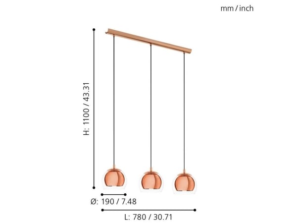 EGLO ROCAMAR PITKÄ PÖYTÄ 3L KUPARI/SELKEÄ