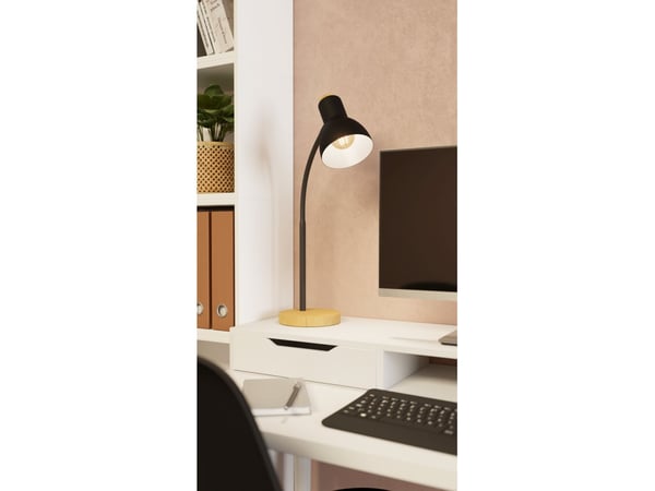 EGLO VERADAL bordlampe i svart stål med trefarget fot og detaljer