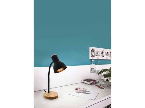 EGLO VERADAL bordlampe i svart stål med trefarget fot og detaljer