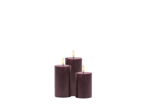 Sirius Sille oppladbart blokkslys 3-pk sett Ø7,5 x 10/12,5/15 cm, Bordeaux