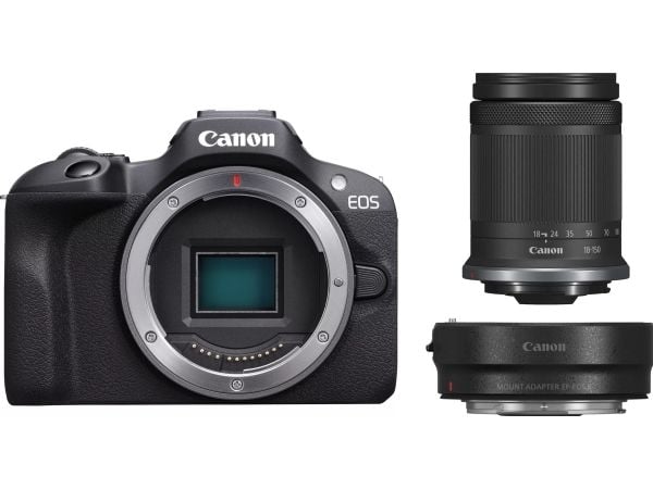 Canon EOS R100 + RF-S 18-150mm f/3,5-6,3 IS STM + EF-EOS R-adapter