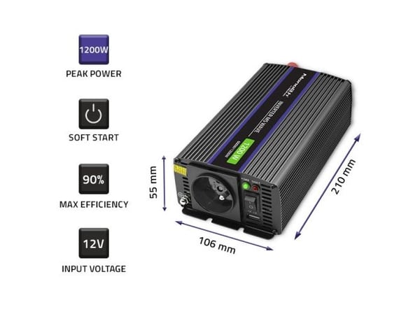 Qoltec Monolith 1200 MS Wave spenningsomformer | 12V til 230V | 600/1200W | USB