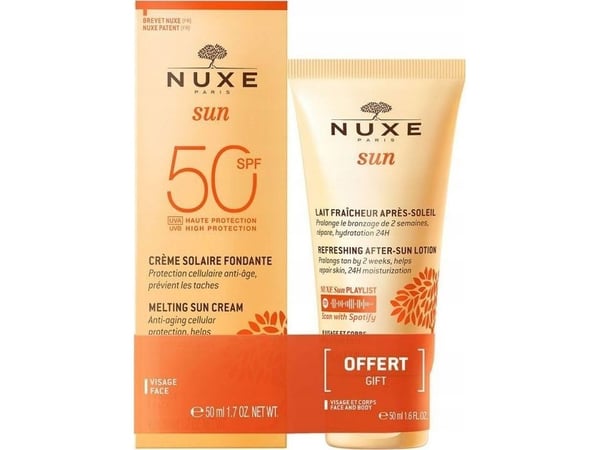 Nuxe-sett: Sun Melting, solkrem for ansikt SPF 50 (50 ml) + Sun Sun Protection aftersun-lotion (50 ml) for kvinner
