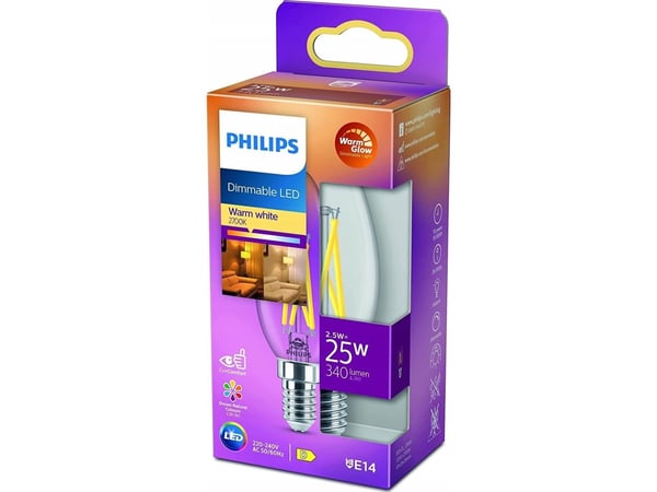 Philips - LED-filamentlyspære - form: B35 - klar finish - E14 - 2.5 W (ekvivalent 25 W) - klasse D - varmt hvitt lys - 2200-2700 K