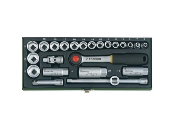 Proxxon 23110, Støpselsett, 3/8", Metrisk, 24 hoder, 6,7,8,10,11,12,13,14,15,16,17,18,19,21,22,24 mm, Kromfarget