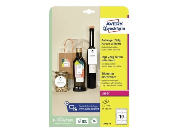 Avery T2002-10, Ikke-klebende etikett, Hvit, 9 cm, 5 cm, 10 ark, 100 stykker