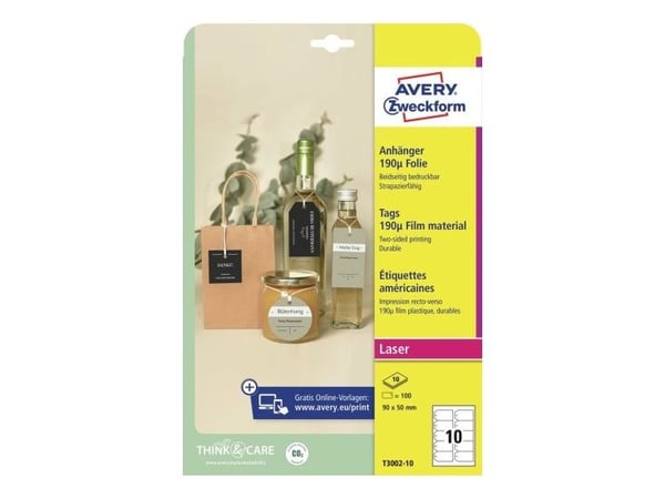 Avery T3002-10, Vit, Limfri etikett, 9 cm, 5 cm, 100 styck, 10 ark