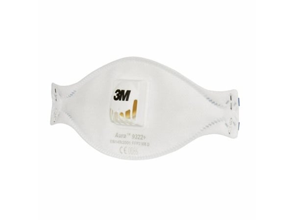 3M 9322+, Flatfoldet, FFP2, Hvit, Monoton, Aluminium, Polypropylen (PP), Polyuretan (PU), En Størrelse