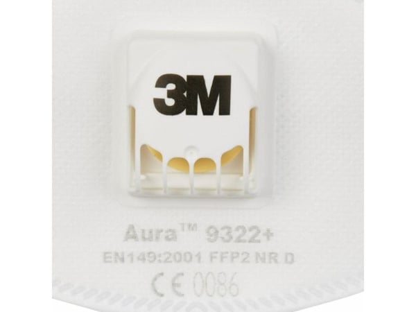 3M 9322+, Flatfoldet, FFP2, Hvit, Monoton, Aluminium, Polypropylen (PP), Polyuretan (PU), En Størrelse