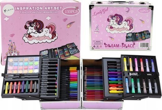 LeanToys kunstsett i sammenleggbar koffert med enhjørning 133 deler