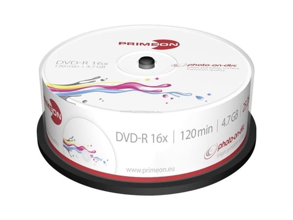 Primeon 2761205, DVD-R, Utskriftsbar, Kakeboks, 25 stykker, 4,7 GB