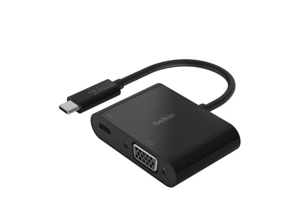 Belkin USB-C to VGA + Charge Adapter - Video adapter - USB-C hann til HD-15 (VGA), USB-C (kun strøm) hunn - svart - 1080p-støtte, USB Power Deliver...