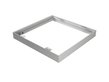 Asennuskehys LED-paneelille, mitat 600x600 mm, pinta-asennukseen, valaisimen takana on tilaa ohjaimelle.