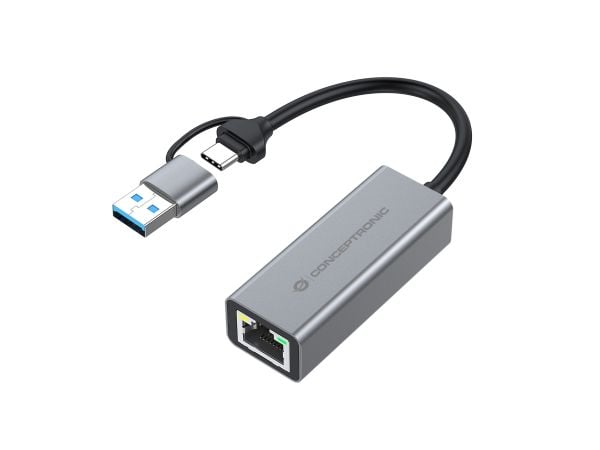 Conceptronic ABBY08G, langallinen, USB Type-A/USB Type-C, Ethernet, 5000 Mbit/s, harmaa