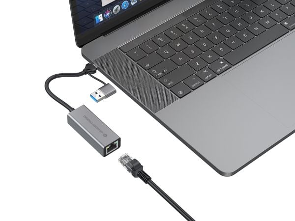 Conceptronic ABBY08G, langallinen, USB Type-A/USB Type-C, Ethernet, 5000 Mbit/s, harmaa