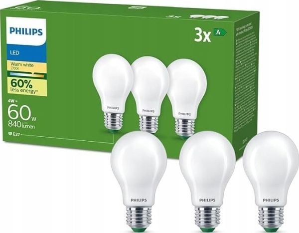 Philips Filamenttilamppu huurrettu 60W A60 E27 x3, 4 W, 60 W, E27, 840 lm, 50000 h, Lämmin valkoinen