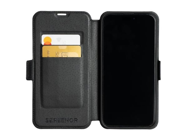 Screenor First - Lommebok for mobiltelefon - 2 i 1 - MagSafe-samsvar - ekte skinn, termoplast-polyuretan (TPU) - svart - for Apple iPhone 16