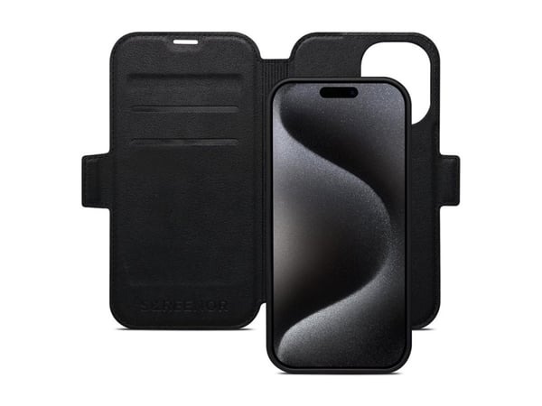 Screenor First - Lommebok for mobiltelefon - 2 i 1 - MagSafe-samsvar - ekte skinn, termoplast-polyuretan (TPU) - svart - for Apple iPhone 16