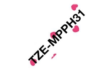 Brother TZe-MPPH31 - Svart på rosa hjerter - Rull (1,2 cm x 4 m) 1 kassett(er) laminert teip - for Brother PT-H110; P-Touch PT-H105, H110; P-Touch ...