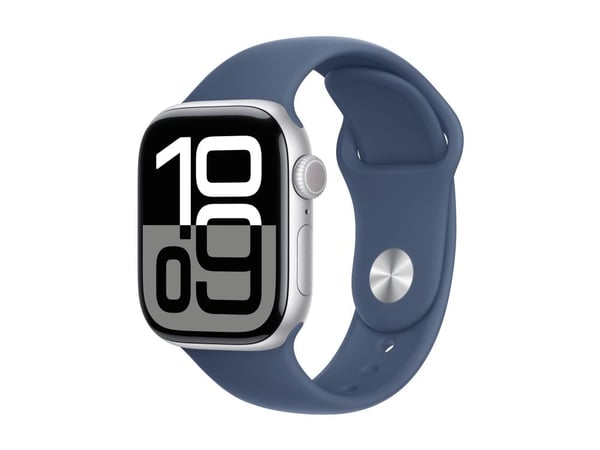 Apple Watch Series 10 (GPS) - 42 mm - sølvaluminium - smartklokke med sportsbånd - fluorelastomer - denim - båndbredde: S/M - 64 GB - Wi-Fi 4, UWB,...