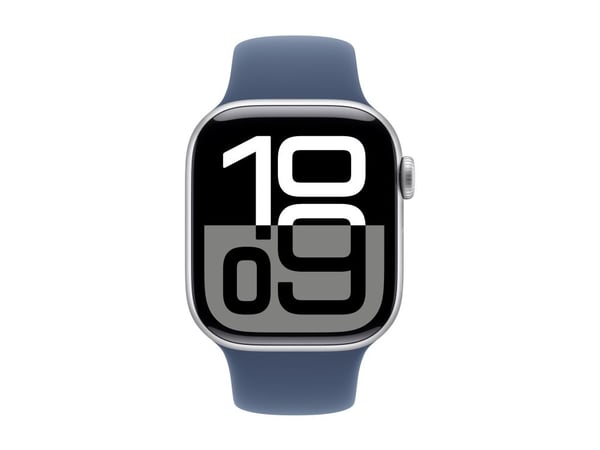 Apple Watch Series 10 (GPS + Cellular) - 42 mm - sølvaluminium - smartklokke med sportsbånd - fluorelastomer - denim - båndbredde: S/M - 64 GB - LT...