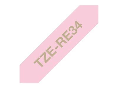 Brother TZe-RE34 gavebånd 12mm x 4m - guld på pink satinbånd