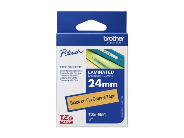 Brother TZe-B51 - Standardklebemiddel - svart på fluorescerende oransje - Rull (2,4 cm x 5 m) 1 kassett(er) laminert teip - for Brother PT-D600; P-...