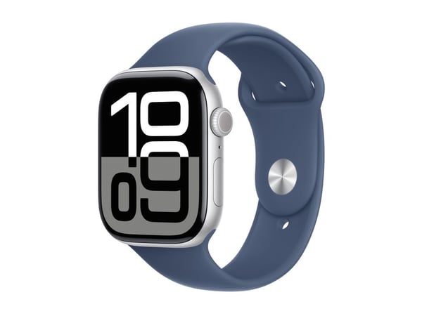 Apple Watch Series 10 (GPS) - 46 mm - sølvaluminium - smartklokke med sportsbånd - fluorelastomer - denim - båndbredde: M/L - 64 GB - Wi-Fi 4, UWB,...