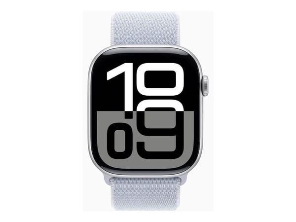 Apple Watch Series 10 (GPS + Cellular) - 46 mm - sølvaluminium - smartklokke med sportssløyfe - myk dobbeltlagsnylon - blå sky - håndleddstørrelse:...