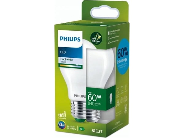 Philips Lamppu, 4 W, 60 W, E27, 840 lm, 50000 h, Viileä valkoinen