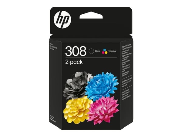 HP 308 original blekkpatron, sort/tricolor kombinasjonspakke med 2 stk., svart, blå, magenta, gul, 2 stk., 160 sider, 120 sider, flerpakning