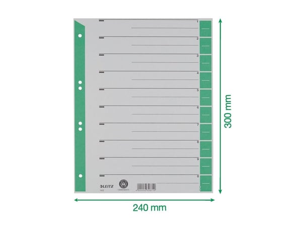 Leitz - Inndeler - 10 deler - fortrykt: 0-9 - for A4 (210 x 297 mm) - med fliker - grønn