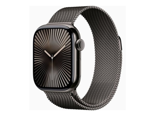 Apple Watch Series 10 (GPS + Cellular) - 42 mm - skifer titan - smartklokke med fint strikket løkke - nett av rustfritt stål - skifer - håndleddstø...