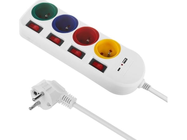 Maclean Pistorasia Maclean, 4-pistorasian jatkojohto + USB A/C, kytkimillä, 250VAC/10A, 1,5m, valkoinen, MCE508 W