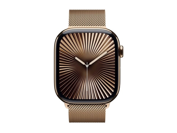 Apple Watch Series 10 (GPS + Cellular) - 46 mm - gull titan - smartklokke med fint strikket løkke - nett av rustfritt stål - gull - båndbredde: M/L...