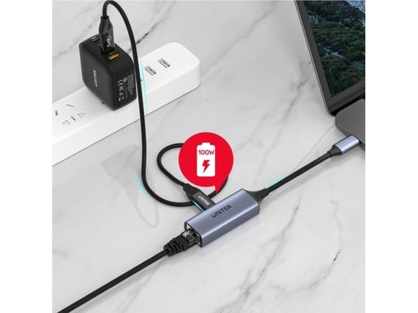 Unitek U1323A - Nettverksadapter - USB 3.0 - Gigabit Ethernet x 1 + USB-C (bare strøm) x 1 - romgrå