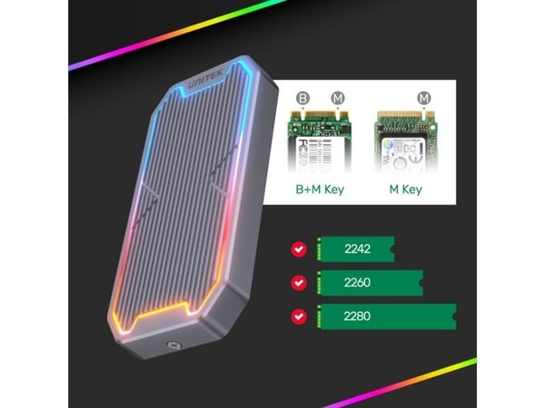 Unitek M.2 SSD NVMe/SATA 10Gbps RGB diskkabinett