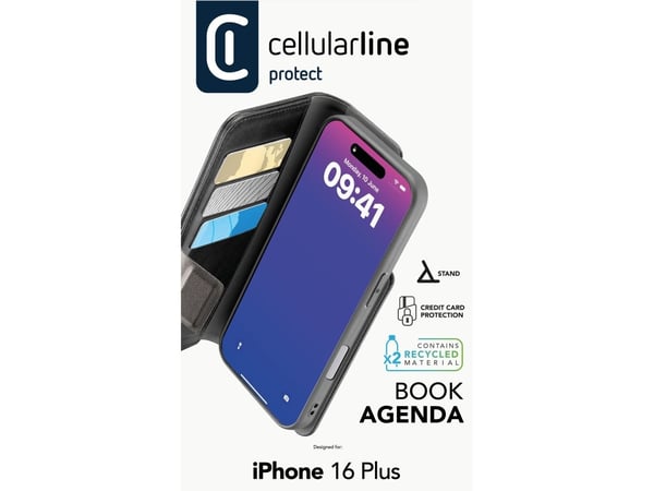Cellularline 8018080482632, Folio-kotelo, Apple, iPhone 16 Plus, 17 cm (6.7"), musta