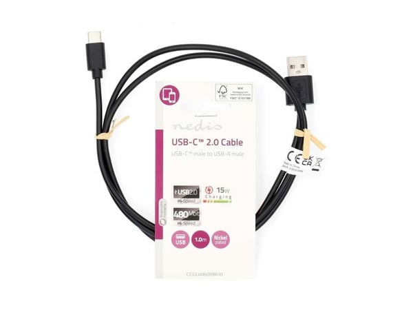 Nedis CCGL60600BK10, 1 m, USB A, USB C, USB 2.0, 0,48 Gbit/sek., Lajittelu