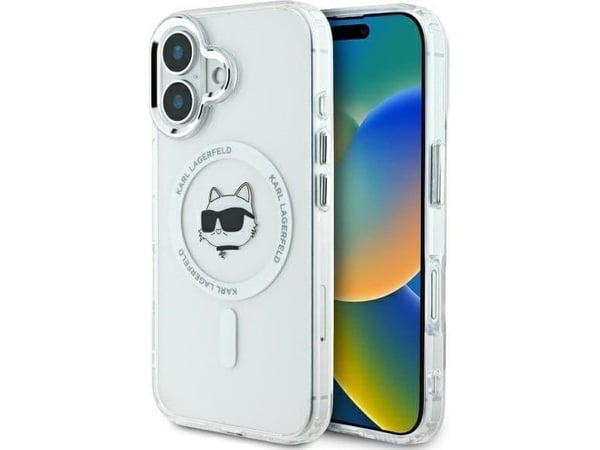 Karl Lagerfeld korkki iPhone 16 Plus 6.7" KLHMP16MHLSCHH valkoinen Hardcase IML metalli Choupette Head MagSafe