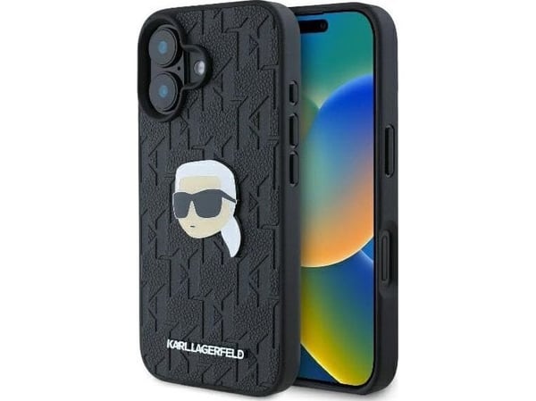 Apple iPhone 16 Karl Lagerfeld Saffiano Monogram Karl Head Pin (KLHCP16SPGKLKIPK) telefondeksel svart farge